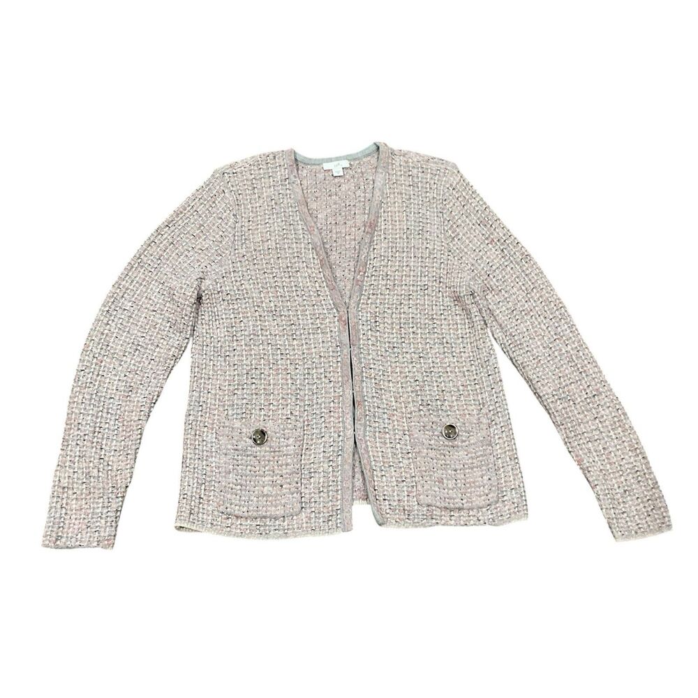 J Jill Boucle Tweed Oversized Jacket XS Pink Gray Texture Knit Collarless Blazer